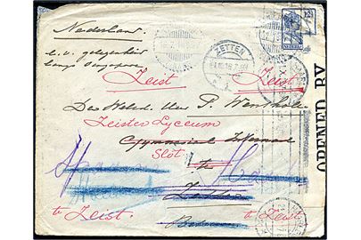 12½ c. Wilhelmina single på brev fra Tanjung Pinang d. 15.7.1918 til Zetten, Holland - eftersendt til bl.a. Haarlem og Zeist. Åbnet af britisk censur no. 5185.