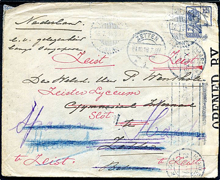 12½ c. Wilhelmina single på brev fra Tanjung Pinang d. 15.7.1918 til Zetten, Holland - eftersendt til bl.a. Haarlem og Zeist. Åbnet af britisk censur no. 5185.