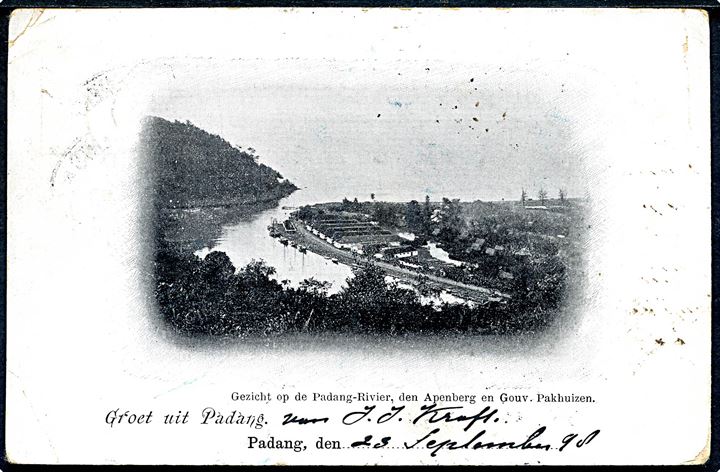 2½ c. og 5 c. Ciffer på brevkort (Groet uit Padang) fra Padang d. 23.9.1898 til Blankenese b. Hamburg, Tyskland.