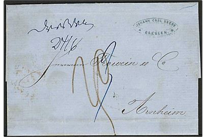 1857. Sachsen. Portobrev fra Dresden med bureaustempel Leipzig - Magdeb: d. 24.6.1857 og håndskrevet Dresden til Arheim, Holland.