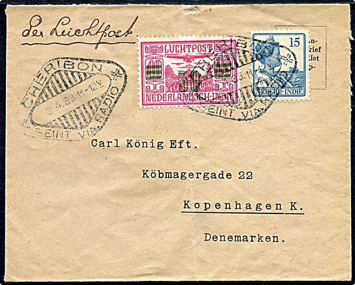 15 c. Wilhelmina og 30/40 c. Luftpost provisorium på luftpostbrev annulleret med slogan-stempel Cheribon / Seint via Radio d. 3.4.1933 via Batavia og København - Warnemünde T.74 til København, Danmark. 
