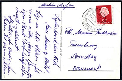 15 c. Wilhelmina på brevkort (Willem Barendsz i Capetown) dateret i Sydishavet d. 25.2.1955 annulleret med hollandsk skibsstempel Postagent A/B M.S. Willem Barendsz 1 d. 25.2.1955 til Svendborg, Danmark. M/S Willem Barentsz bygget 1953 var et hollandsk hvalkogeri benyttet til hvalfangst ved Antarktis. God brugsforsendelse fra dansk besætningsmedlem. 