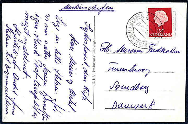 15 c. Wilhelmina på brevkort (Willem Barendsz i Capetown) dateret i Sydishavet d. 25.2.1955 annulleret med hollandsk skibsstempel Postagent A/B M.S. Willem Barendsz 1 d. 25.2.1955 til Svendborg, Danmark. M/S Willem Barentsz bygget 1953 var et hollandsk hvalkogeri benyttet til hvalfangst ved Antarktis. God brugsforsendelse fra dansk besætningsmedlem. 