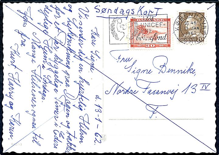 20 øre Fr. IX og 30 øre Danmarks Naturfredning på søndagsbrevkort sendt lokalt i København d. 13.1.1962.