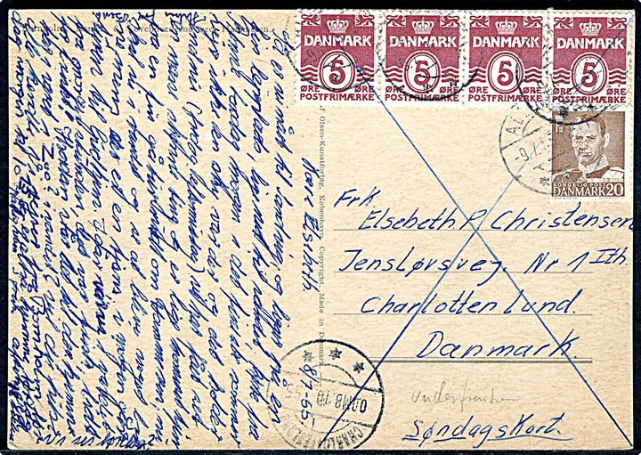 5 øre Bølgelinie (4) og 20 øre Fr. IX på søndagsbrevkort fra Allinge d. 9.7.1955 til Charlottenlund. Ank.stemplet Charlottenlund 0. OMB. d. 10.7.1955.