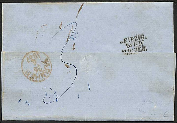 1857. Sachsen. Portobrev fra Dresden med bureaustempel Leipzig - Magdeb: d. 24.6.1857 og håndskrevet Dresden til Arheim, Holland.