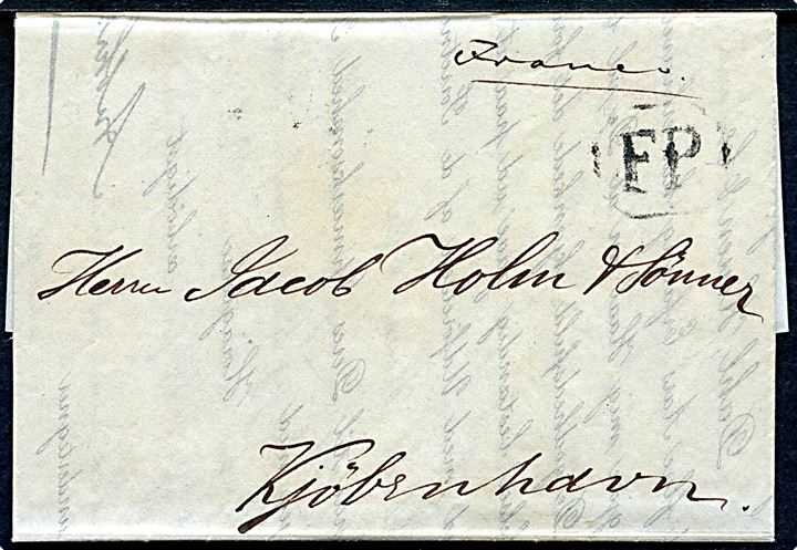 1845. Fodpostbrev mærket Franco med indhold fra Newcastle d, 17.7.1845 og 8-kantet fodpoststempel FP til Firma Jacob Holm & Sønner i Kjøbenhavn. Noteret modtaget d. 15.8.1845. Fuldt indhold. 