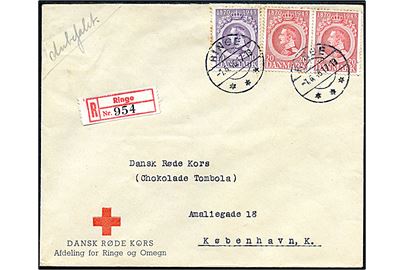 10 øre og 20 øre (par) Chr. X 75 år på fortrykt kuvert fra Dansk Røde Kors Afdeling for Ringe og Omegn sendt anbefalet fra Ringe d. 1.6.1946 til København.