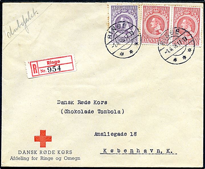 10 øre og 20 øre (par) Chr. X 75 år på fortrykt kuvert fra Dansk Røde Kors Afdeling for Ringe og Omegn sendt anbefalet fra Ringe d. 1.6.1946 til København.