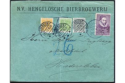 6 c. Wilhelm den Tavse single på underfrankeret brev fra N. V. Hengelosche Bierbrouwerij stemplet Hengelo d. 17.5.1933 til Haderslev, Danmark. Udtakseret i porto med 1 øre 5 øre og 20 øre Portomærke stemplet Haderslev d. 18.5.1933.