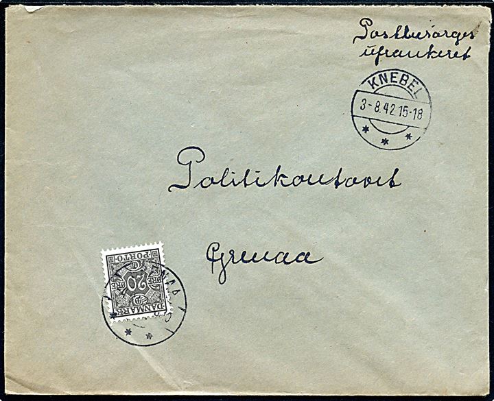 Ufrankeret brev fra Thorup Missionshotel i Knebel d. 3.8.1942 til Politikontoret i Grenaa. Udtakseret i enkeltporto med 20 øre Portomærke stemplet Grenaa d. 4.8.1942.