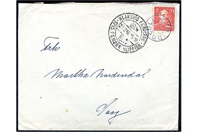 20 øre Chr. X på brev annulleret med udslebet stjernestempel NORDDEBLE og sidestemplet med klipfiskstempel Klaksvig Færøerne d. 29.3.1946 til Vaag.
