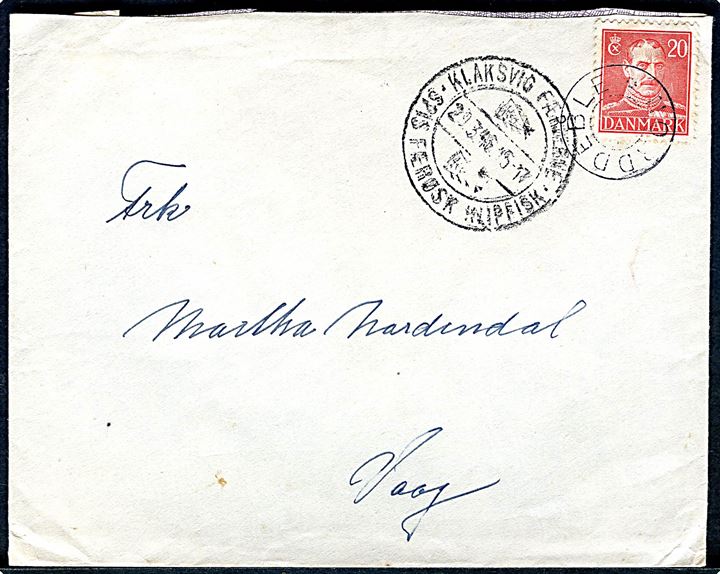 20 øre Chr. X på brev annulleret med udslebet stjernestempel NORDDEBLE og sidestemplet med klipfiskstempel Klaksvig Færøerne d. 29.3.1946 til Vaag.