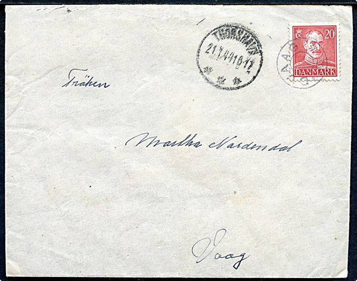 20 øre Chr. X på brev annulleret med udslebet stjernestempel MIDVAAG og sidestemplet Thorshavn d. 21.1.1944 til Vaag.