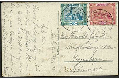 Saargebiet. 20 c. og 25 c. på brevkort fra Saarbrücken (BHF) d. 2.11.1924 til København, Danmark.