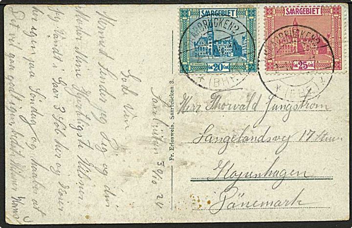 Saargebiet. 20 c. og 25 c. på brevkort fra Saarbrücken (BHF) d. 2.11.1924 til København, Danmark.