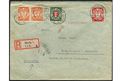 5 pfg. (par), 15 pfg. og 30 pfg. Våben på anbefalet brev fra Danzig d. 11.1.1932 til Nova Breslau - Hammonia, Brasilien.