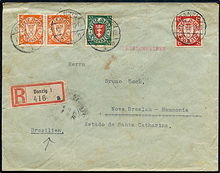 5 pfg. (par), 15 pfg. og 30 pfg. Våben på anbefalet brev fra Danzig d. 11.1.1932 til Nova Breslau - Hammonia, Brasilien.