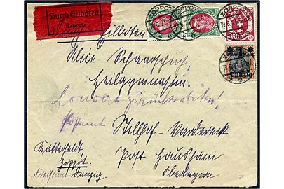 1 mk./30 pfg. Danzig provisorium, 60 pfg. Våben og 25 pfg. Sejlskib i parstykke på 2,10 mk. frankeret ekspresbrev fra Danzig d. 19.6.1921 til Hausham, Bayern.