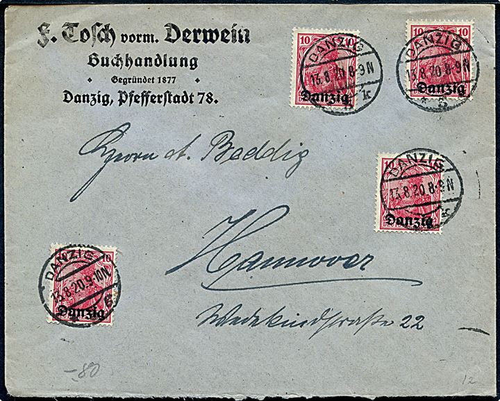 10 pfg. Danzig provisorium (4) på brev fra Danzig d. 13.8.1920 til Hannover.