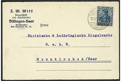 Saargebiet. 30 pfg. Saargebiet provisorium single på brevkort fra Dilling d. 16.12.1920 til Neunkirschen.