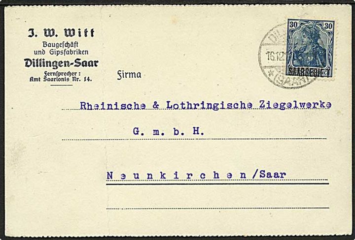 Saargebiet. 30 pfg. Saargebiet provisorium single på brevkort fra Dilling d. 16.12.1920 til Neunkirschen.
