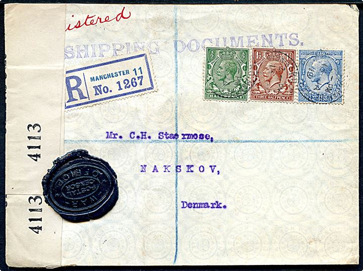 ½d, 1½d og 2½d George V på anbefalet brev mærket Shipping Documents fra Manchester d. 13.1.1919 til Nakskov, Danmark. Åbnet af britisk censur no. 4113 med grøn lakseglscensur WAR OFFICE / POSTAL CEMSOR.