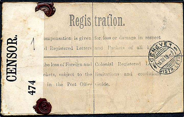 2d George V anbefalet helsagskuvert opfrankeret med 3d George V (3) sendt som anbefalet ekspres fra London d. 1.11.1918 til Geneva, Schweiz. Åbnet af britisk censur no. 474 med lille lakseglscensur P.C..