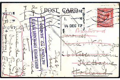 1d George V på julekort fra London d. 14.12.1917 til Haag, Holland. Returneret med rammestempel: Picture Post-cards are returned by the Censor.