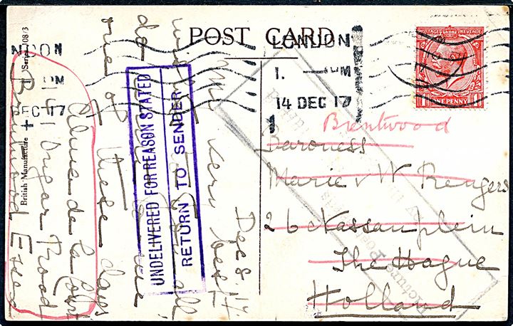 1d George V på julekort fra London d. 14.12.1917 til Haag, Holland. Returneret med rammestempel: Picture Post-cards are returned by the Censor.