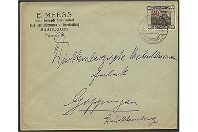 Saargebiet. 20 c./50 pfg. Provisorium single på brev fra Saarlouis d. 10.8.1921 til Göppingen.