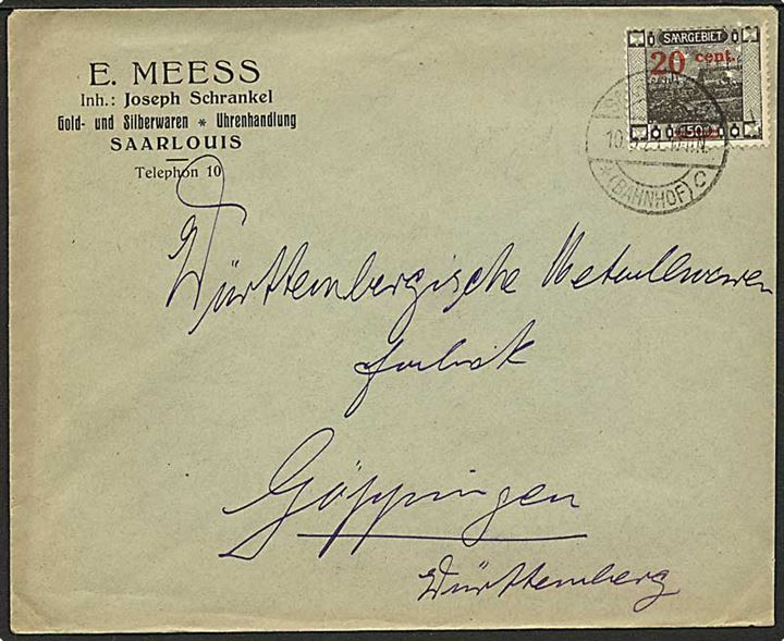 Saargebiet. 20 c./50 pfg. Provisorium single på brev fra Saarlouis d. 10.8.1921 til Göppingen.