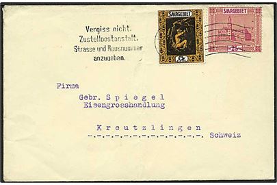 Saargebiet. 5 c. og 25 c. på brev med svagt stempel til Kreutzlingen, Schweiz.