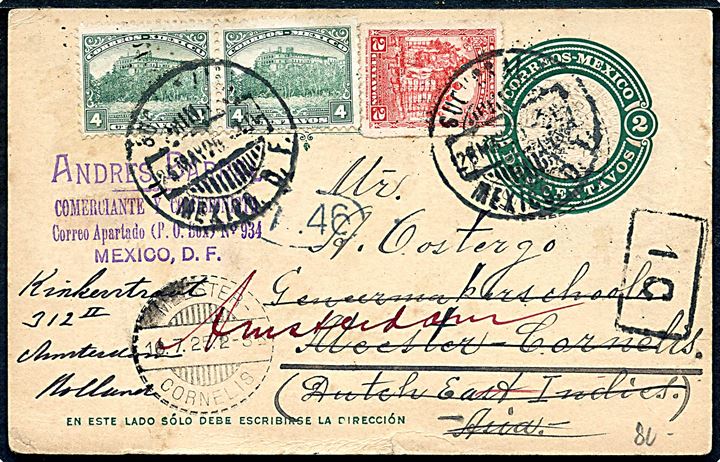 2 c. helsagsbrevkort opfrankeret med 2 c. og 4 c. (par) fra Mexico d. 25.5.1925 til Master-Cornelis, Hollandsk Ostindien - eftersendt til Amsterdam, Holland.