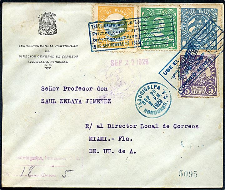 1 c., 5 c. 10 c. og 50 c. Tjenestemærke på blandingsfrankeret anbefalet brev fra Tegucigalpa d. 20.9.1929 til Miami, USA.