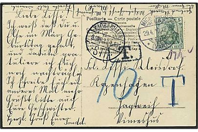 5 pfg. Germania på underfrankeret brevkort fra Misch..dorf d. 29.4.1910 til København, Danmark. Sort T stempel og 10 øre dansk porto.