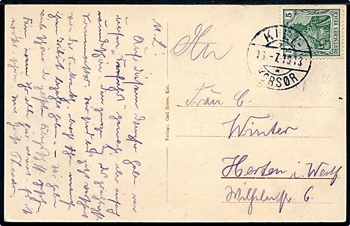 Tysk 10 pfg. Germania på brevkort (Postdampfer Prinz Sigismund) annulleret med sjældent brotype IIg skibsstempel Kiel - /**/ Korsør d. 16.7.1913 til Tyskland.