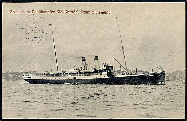 Tysk 10 pfg. Germania på brevkort (Postdampfer Prinz Sigismund) annulleret med sjældent brotype IIg skibsstempel Kiel - /**/ Korsør d. 16.7.1913 til Tyskland.