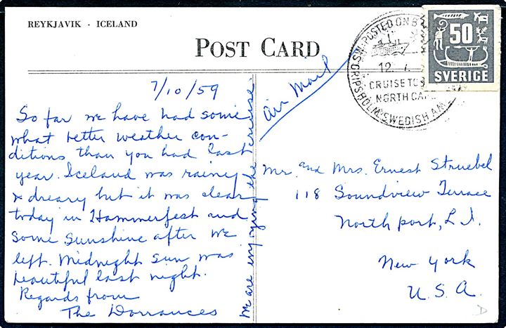Reykjavik, havneparti. Fotokort u/no. Frankeret med svensk 50 öre og annulleret med skibsstempel M/S Gripsholm Cruise to the North Cape d. 12.7.1959 til USA.