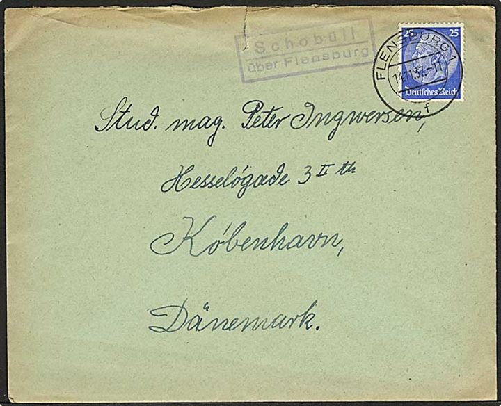 25 pfg. Hindenburg på brev stemplet Flensburg d. 14.11.1937 og sidestemplet Schobüll über Flensburg til København, Danmark.