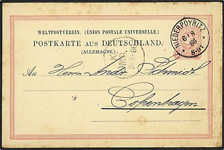10 pfg. Adler helsagsbrevkort fra Niederpoyritz d. 6.8.1886 til København, Danmark.