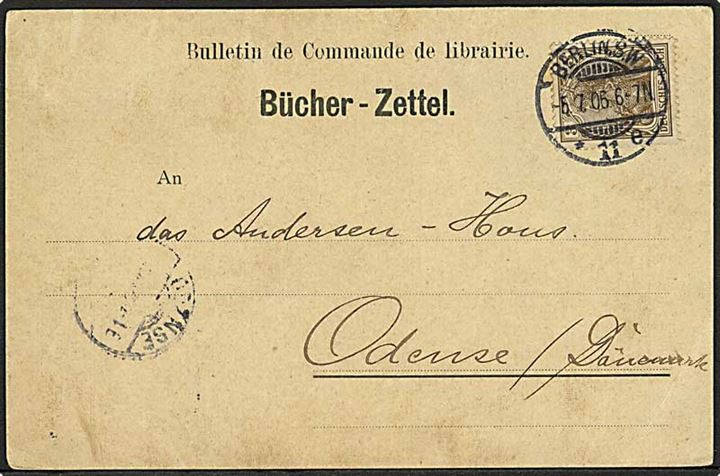 3 pfg. Germania på tryksag (Bücher-Zettel) fra Berlin d. 5.7.1906 til Odense, Danmark.