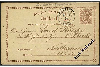 ½ gr. helsagsbrevkort med 2-ringstempel Neinstedt d. 9.11.1874 til Nordhausen.