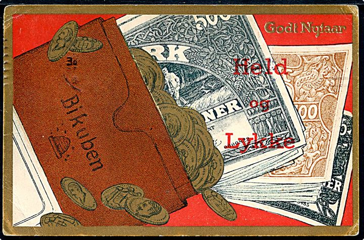 Nytårskort med penge og bankbog fra Bikuben. A. Vincent serie 478/1