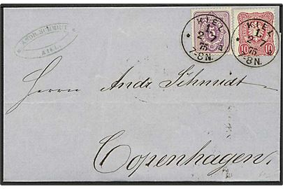 5 pfg. og 10 pfg. på brev fra Kiel d. 2.7.1875til København, Danmark. 15 pfg. særtakst fra Hertugdømmerne til Danmark.