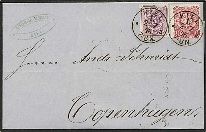 5 pfg. og 10 pfg. på brev fra Kiel d. 2.7.1875til København, Danmark. 15 pfg. særtakst fra Hertugdømmerne til Danmark.