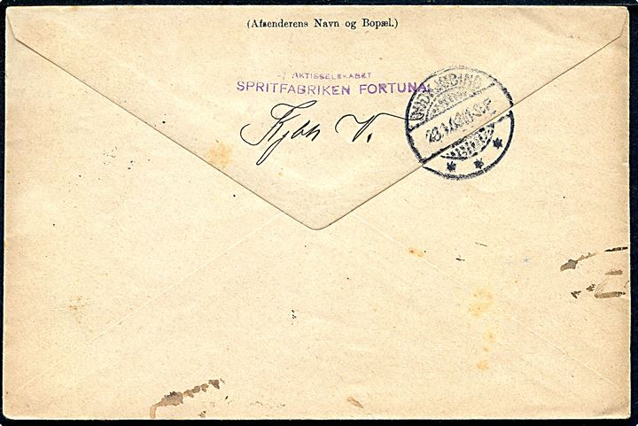 10 øre Våben (3) på adressebrev for pakke fra Aktieselskabet Spritfabriken Fortuna i Kjøbenhavn d. 27.1.1903 til Rudkjøbing på Langeland.