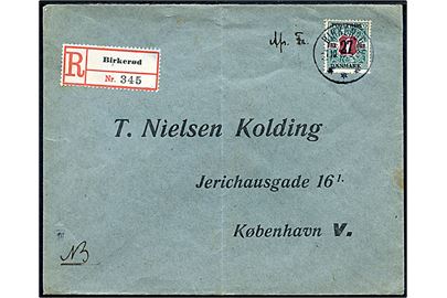 27 øre/1 kr. Provisorium single på overfrankeret anbefalet brev fra Birkerød d. 1.10.1918 til København. Påskrevet Afs. Fr. (= Afsenders Frankering).