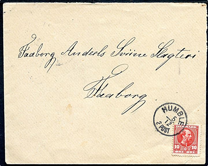 10 øre Chr. IX single på brev annulleret med tydeligt lapidar Humble d. 5.12.1906 til Faaborg.