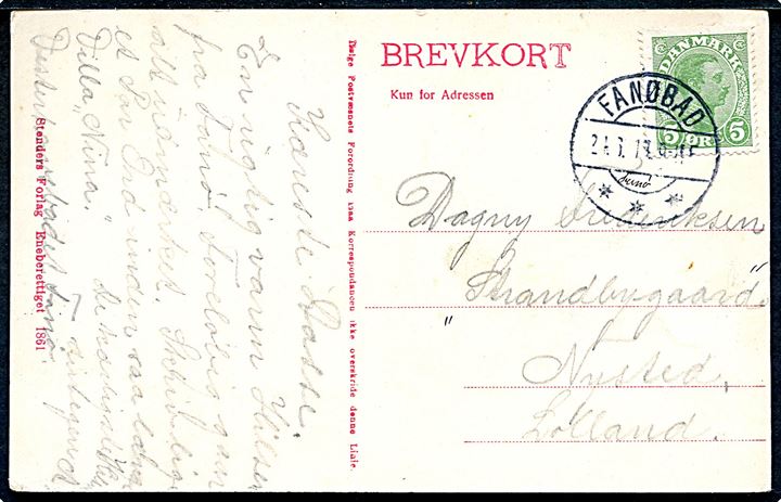 5 øre Chr. X på brevkort (Fanø, Strandhotellet) annulleret med brotype IIa ved sommer-brevsamlingsstedet Fanøbad d. 24.6.1915 til Nysted på Lolland.